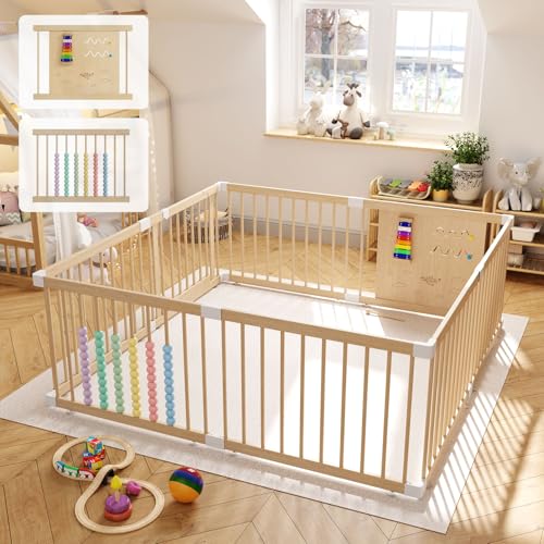 IKALIFE Large Wooden Baby Playpen – Shape & Size Adjustable Playpen for Babies and Toddlers, Baby Fence Baby Play Yard with Door, Baby Gate Play Pen for Kids Activity Center with Toys Panel 63”×63”