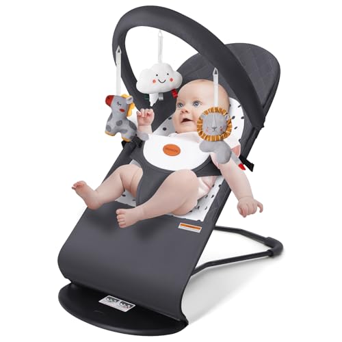 BNAKKON Baby Bouncer, Portable Baby Bouncer Seat for Babies 0-12 Months with 3 Recline Positions, Ergonomic Design Baby Rocker Infants Bouncy Seat with Hanging Toys-Light