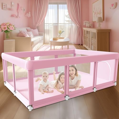 Fshibila 74″ ×50″ Large Baby Playpen, Baby Play Pen for Babies and Toddlers, Baby Playard for Indoor & Outdoor, Sturdy Safety Play Yard with Soft Breathable Mesh, Anti-Fall, Pink