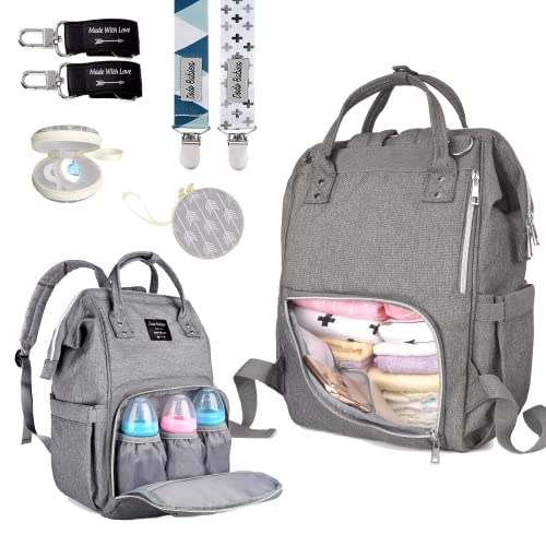 Dodo Babies Diaper Bag Backpack Set – Insulated & Waterproof Pockets – Plus Two Pacifier Clips, Binky Case & Stroller Straps (Teal/Grey)