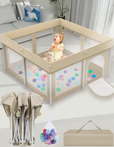 Ptcide Foldable Playpen 50×50, Foldable Ultra-Portable Baby Playpen, Instantly Deployed in Three Seconds, Safe Baby Playard with Soft Breathable Mesh, Perfect Activity Center for Baby’s Play, Beige