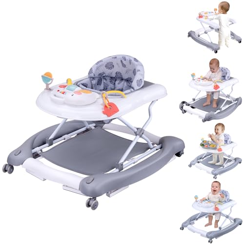 5 in 1 Foldable Baby Walker, Activity Baby Walker-Baby Bouncer, Rocker, Activity Center,Seat and Push Walker,Detachable Trampoline Mat, Adjustable Speed Rear Wheels and Height,Ages 6-18 Months(Grey)