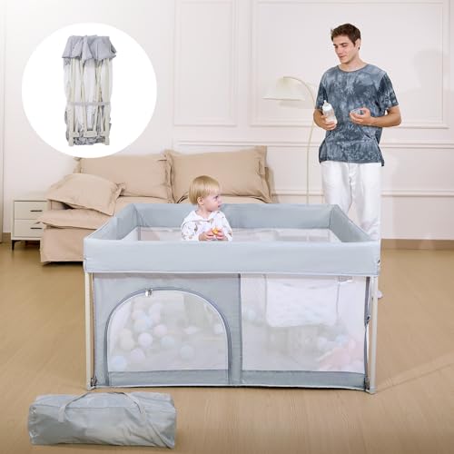 BABELIO Foldable Baby Playpen 50″ × 50″, Portable Playard for Babies and Toddlers, No Assembly Required, Indoor & Outdoor Kids Safety Play Pen Area, Travel Baby Fence