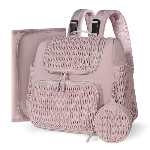 Geestock Diaper Bag Small Diaper Backpack, Stylish Quilted Baby Backpacks, Mini Maternity Bags, with Changing Pad, Pacifier Case & Stroller Straps, Parents Essentials Diaper Bag, Pink