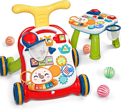 CUTE STONE Sit-to-Stand Learning Walker, 2 in 1 Baby Walker, Early Educational Child Activity Center, Multifunctional Removable Play Panel, Baby Music Learning Toy Gift for Infant Boys Girls