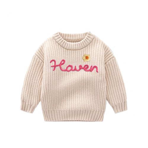 Personalized Baby Toddler Sweater, Custom Name Hand Embroidered Jumper Sweaters for Toddlers Girls, Boys White