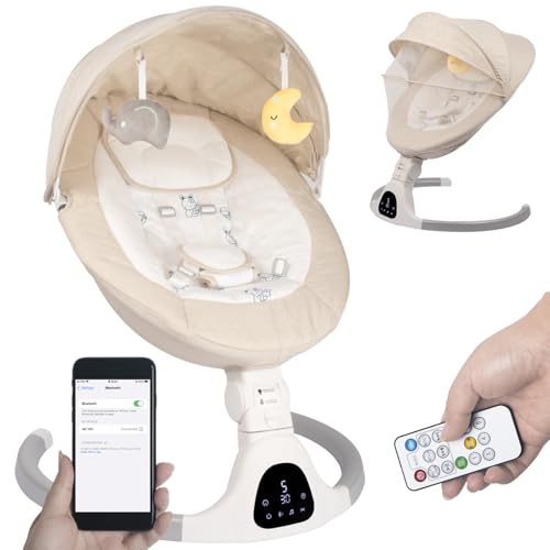 Baby Swing for Infants to Toddler Portable Babies Swing Timing Function 5 Swing Speeds Bluetooth Touch Screen Music Speaker with 10 Preset Lullabies 5-Point Carabiner (Ivory White)