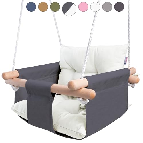 CaTeam – Canvas Baby Swing, Wooden Hanging Swing Seat Chair with Safety Belt, Durable Baby Swing Chair, Outdoor and Indoor Swing for Kids, Mounting Hardware Included, Gray-White