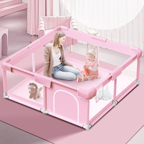 Pink Baby Playpen 50×50 Inches Playpen for Little Princess Play Yards Indoor & Outdoor Sturdy Safety Baby Girls Play Pen with Soft Breathable Mesh Toddlers Activity Center with Anti-Slip Base