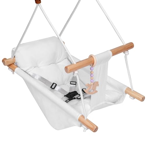 Outdoor Indoor Baby Swing, Wooden Canvas Baby Hammock Swing for Baby to Toddler with a Comfortable Seat, Gift for Baby Boys Girls (White)