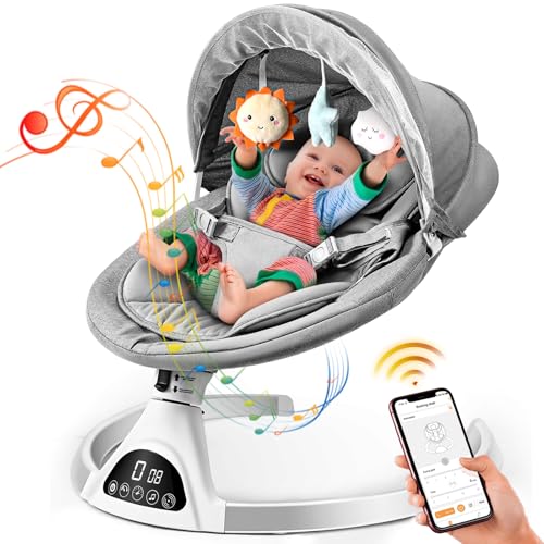 Baby Swings for Infants, Exclusive App & Bluetooth Electric Baby Swing, Smart Sensor&Timing, 5 Speeds, 12 Preset Lullabies and Headrest, Portable Baby Swing for Baby Boy Girl