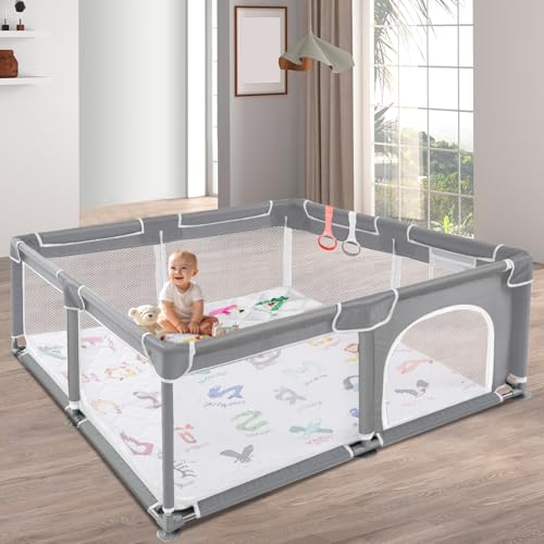 Yoofoss Baby Playpen with Mat, Playpen for Babies and Toddlers, Baby Play Pen with Breathable Mesh, Sturdy Safety Baby Fence Baby Play Yards for Indoor & Outdoor Anti-Fall Playpen with Gate