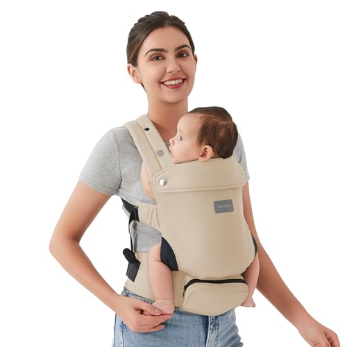 Topmeta Baby Carrier Newborn – Ergonomic, Cozy and Lightweight Infant Carrier for 7-24lbs, Adjustable Neck Support, Ideal for Hands-Free Parenting, 100% Cotton, Khaki