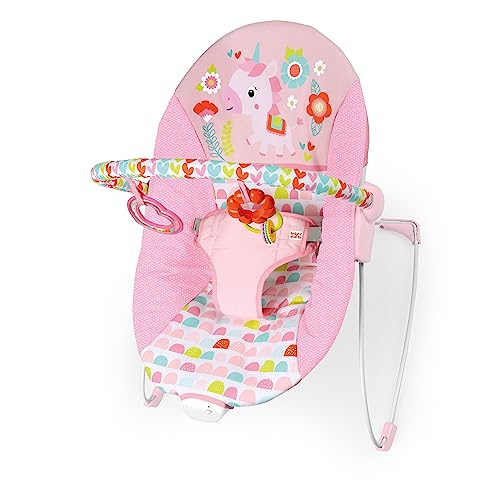 Bright Starts Baby Bouncer Soothing Vibrations Infant Seat – Removable -Toy Bar, Nonslip Feet, 0-6 Months Up to 20 lbs (Fancy Fantasy, Pink Unicorn)