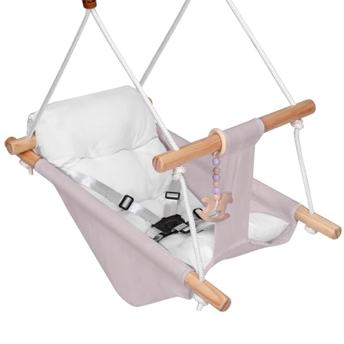 Outdoor Indoor Baby Swing, Wooden Canvas Baby Hammock Swing for Baby to Toddler with a Comfortable Seat, Gift for Baby Boys Girls (Grey)